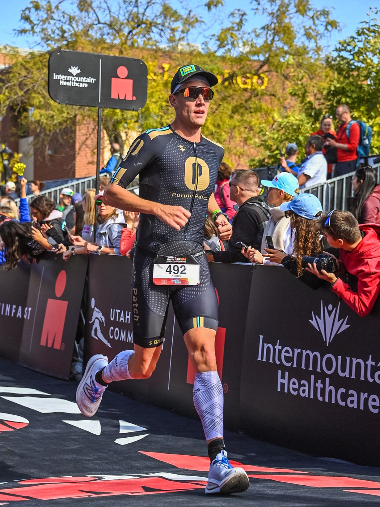 Athlete celebrating at an IRONMAN 70.3 Oregon finish line