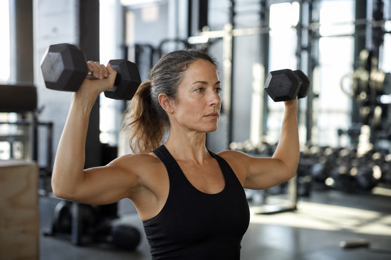 Athlete pressing dumbbells in the gym